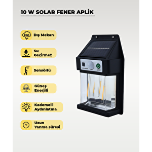 10W Solar Güneş Enerjili Sensörlü Led Duvar Fener Aplik 3200k Sarı Işık