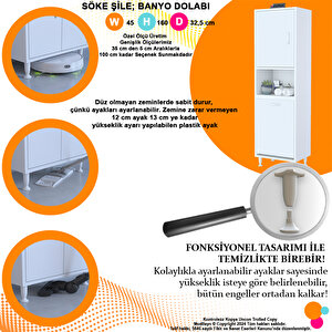 Modilayn Söke  Şi̇le 45 X 160 X 32,5 Cm 1 Kapak 3 Göz Raflı 1 Göz Sepetli Kirli Çamaşır Banyo Dolabı