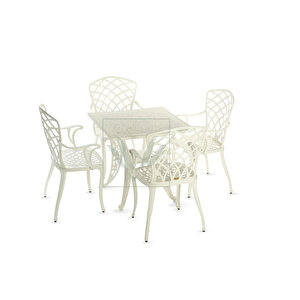 İstanbul Model Ferforje Görünümlü Plastik Kare Masa Ve Hitit Model Sandalye 4 Sandalye 1 Masa Beyaz