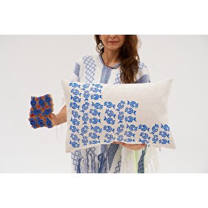 Kofuku Model Şönil Kumaş Krem Renk Kırmızı Etnik Desenli Dikdörtgen Kırlent Kılıfı 40x60