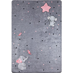 Çocuk Halısı Ve Bebek Halısı Yıkanabilir Kaymaz Taban Yıldız Desen Antrasit Pembe Dijital Baskı Halı Hc012 100x300 cm