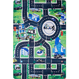 Çocuk Halısı Ve Bebek Halısı Yıkanabilir Kaymaz Taban Polis Figürlü Yeşil Dijital Baskı Halı Hc011 240x280 cm