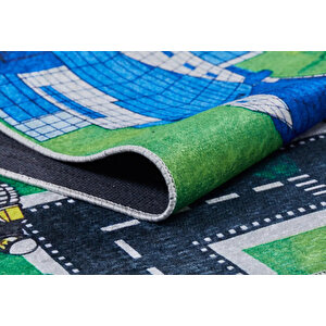 Çocuk Halısı Ve Bebek Halısı Yıkanabilir Kaymaz Taban Polis Figürlü Yeşil Dijital Baskı Halı Hc011 100x500 cm