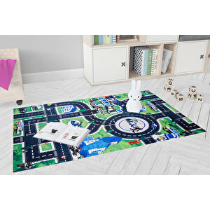 Çocuk Halısı Ve Bebek Halısı Yıkanabilir Kaymaz Taban Polis Figürlü Yeşil Dijital Baskı Halı Hc011