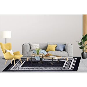 Modern Siyah Gri Çerçeveli Dijital Baskı Hipoalerjenik Kaymaz Taban Halı Yolluk