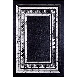 Modern Siyah Gri Çerçeveli Dijital Baskı Hipoalerjenik Kaymaz Taban Halı Yolluk 120x180 cm
