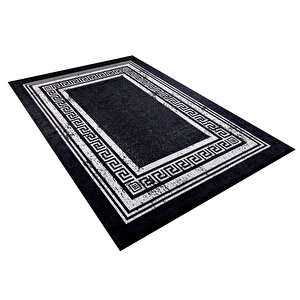 Modern Siyah Gri Çerçeveli Dijital Baskı Hipoalerjenik Kaymaz Taban Halı Yolluk 100x400 cm