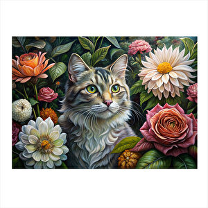 Renkli Çiçekler Ve Kedi Desenli Ahşap Tablo 25cmx 35cm 25x35 cm