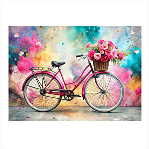 Pembe Bisiklet Ve Çiçekler Dekoratif Mdf Tablo 25cmx 35cm 25x35 cm