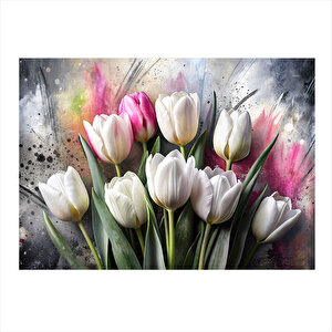 Pembe Beyaz Laleler Desenli Ahşap Tablo 25cmx 35cm 25x35 cm