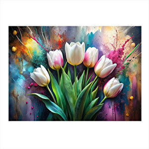 Beyaz Laleler Tasarım Ahşap Tablo 25cmx 35cm 25x35 cm