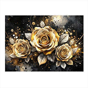 Altın Rengi Güller Dekoratif Ahşap Tablo 25cmx 35cm 25x35 cm
