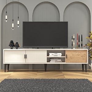 Marin Tv Ünitesi 180 Cm - Orta Sehpa Seti Çizgi Desenli , Raflı , Sis Gri