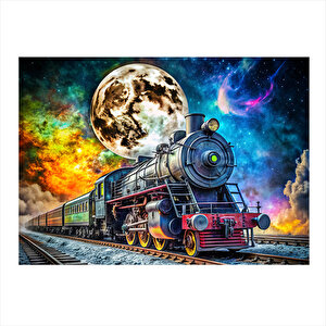 Dolunay Ve Buharlı Tren Dekoratif Mdf Tablo 35cm X50cm 35x50 cm