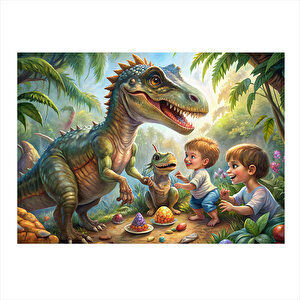 Çocuklarla Oyun Oynayan Dinozorlar Tasarım Mdf Tablo 25cmx 35cm 25x35 cm