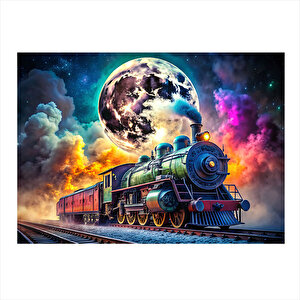 Dolunay Ve Buharlı Tren Lokomotif Modern Mdf Tablo 35cm X50cm 35x50 cm