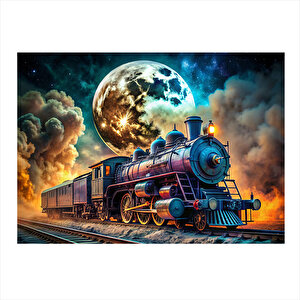 Dolunay Ve Buharlı Tren Lokomotif Hediyelik Ahşap Tablo 35cm X50cm 35x50 cm