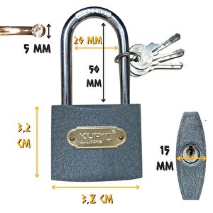Uzun Kanca Asma Kilit Gri 38 Mm. - 3 Anahtarlı