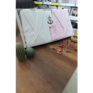 Çeyizlik Aile Bornoz Seti 4 Parça Pudra Beyaz