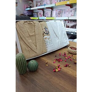 Çeyizlik Aile Bornoz Seti 4 Parça Cappucino Beyaz
