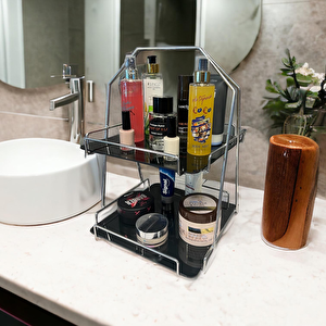 2 Katlı Üçgen Siyah Metal Banyo, Mutfak, Makyaj Organizatörü - Model 3
