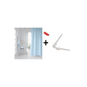 Banyo Perdesi Mavi 1x180x200, Perde Borusu Askı Aparatı Köşe Boru Beyaz Hediyeli, Duş Perdesi Seti