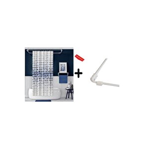 Banyo Perdesi Mavi 2x110x200, Perde Borusu Askı Aparatı Köşe Boru Beyaz Hediyeli, Duş Perdesi Seti