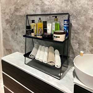 2 Katlı Üçgen Siyah Metal Banyo, Mutfak, Makyaj Organizatörü - Model 2