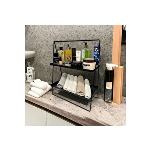 2 Katlı Üçgen Siyah Metal Banyo, Mutfak, Makyaj Organizatörü - Model 2