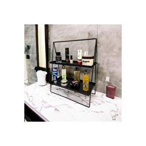 2 Katlı Üçgen Siyah Metal Banyo, Mutfak, Makyaj Organizatörü - Model 2
