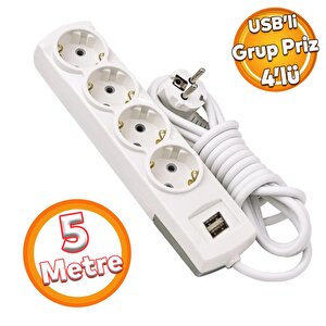 Kablolu Usb'li 4'lü Topraklı Grup Priz Fiş Çoğaltıcı 5 Metre Çoklu Asmalı Uzatma Kablosu Düğmesiz