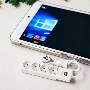 Kablolu Usb'li 4'lü Topraklı Grup Priz Fiş Çoğaltıcı 5 Metre Çoklu Asmalı Uzatma Kablosu Düğmesiz