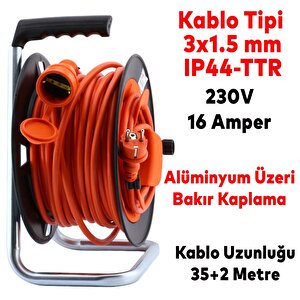 Makaralı Seyyar Kablo Uzatma Kablosu 3x1.5 Mm Ttr Kablo 35+2 Metre