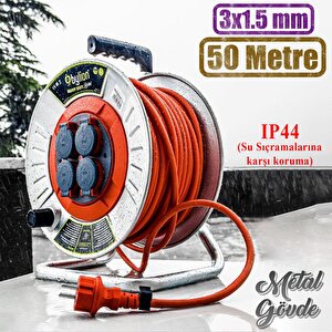 Makaralı Seyyar Kablo Kapaklı 4 Prizli Metal Uzatma Kablosu 3x1.5 Mm Ttr Kablo 50 Metre