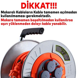 Makaralı Seyyar Kablo Kapaklı 4 Prizli Metal Uzatma Kablosu 3x2.5 Mm CCA Kablo 20 Metre