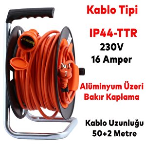 Makaralı Seyyar Kablo Uzatma Kablosu 3x1.5 Mm CCA Kablo 50+2 Metre