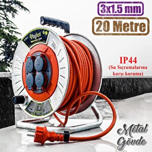 Makaralı Seyyar Kablo Kapaklı 4 Prizli Metal Uzatma Kablosu 3x1.5 Mm Ttr Kablo 20 Metre