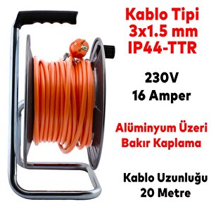 Makaralı Seyyar Kablo Kapaklı 4 Prizli Metal Uzatma Kablosu 3x1.5 Mm Ttr Kablo 20 Metre