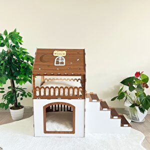2 Katlı Merdivenli Kedi Evi, Köpek Evi, Tavşan Evi Mdf Orta Boy Ceviz-Beyaz