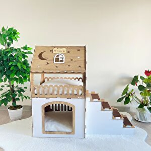 2 Katlı Merdivenli Kedi Evi, Köpek Evi, Tavşan Evi Mdf Beyaz-Meşe Orta Boy