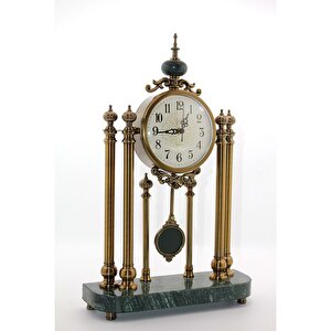 Mermer Detaylı Nostaljik Metal Sütun Sarkaçlı Masa Saati, 42x28 Eskitme