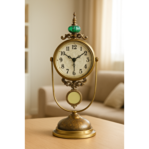 Ferforje Detaylı Nostaljik Sarkaçlı Metal Masa Saati, Sarı, 40x17 Eskitme