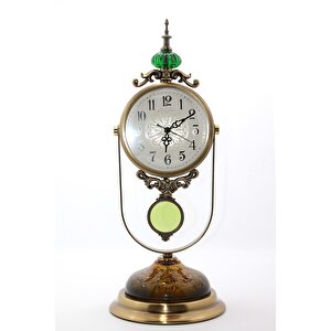 Ferforje Detaylı Nostaljik Metal Sarkaçlı Masa Saati, Renkli, 38x17 Eskitme