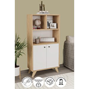 Dekoratif Kitaplık 2 Kapaklı 5 Bölmeli Kitaplık Smyrna Safir Meşe Beyaz