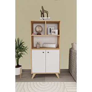 Dekoratif Kitaplık 2 Kapaklı 5 Bölmeli Kitaplık Smyrna Safir Meşe Beyaz
