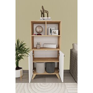 Dekoratif Kitaplık 2 Kapaklı 5 Bölmeli Kitaplık Smyrna Safir Meşe Beyaz