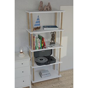5 Raflı Kitaplık Ahşap Ayaklı Raf Kütüphane Kitaplık - Beyaz