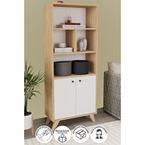 Dekoratif Kitaplık 2 Kapaklı 6 Bölmeli Kitaplık Smyrna Safir Meşe Beyaz