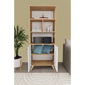 Dekoratif Kitaplık 2 Kapaklı 6 Bölmeli Kitaplık Smyrna Safir Meşe Beyaz