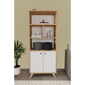 Dekoratif Kitaplık 2 Kapaklı 6 Bölmeli Kitaplık Smyrna Safir Meşe Beyaz